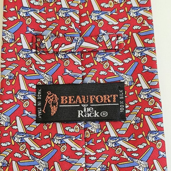 Beaufort Tie Rack Silk Tie Italy Red Multicolor Airplanes Clouds AOP W3.75 L59.5 - Picture 6 of 16